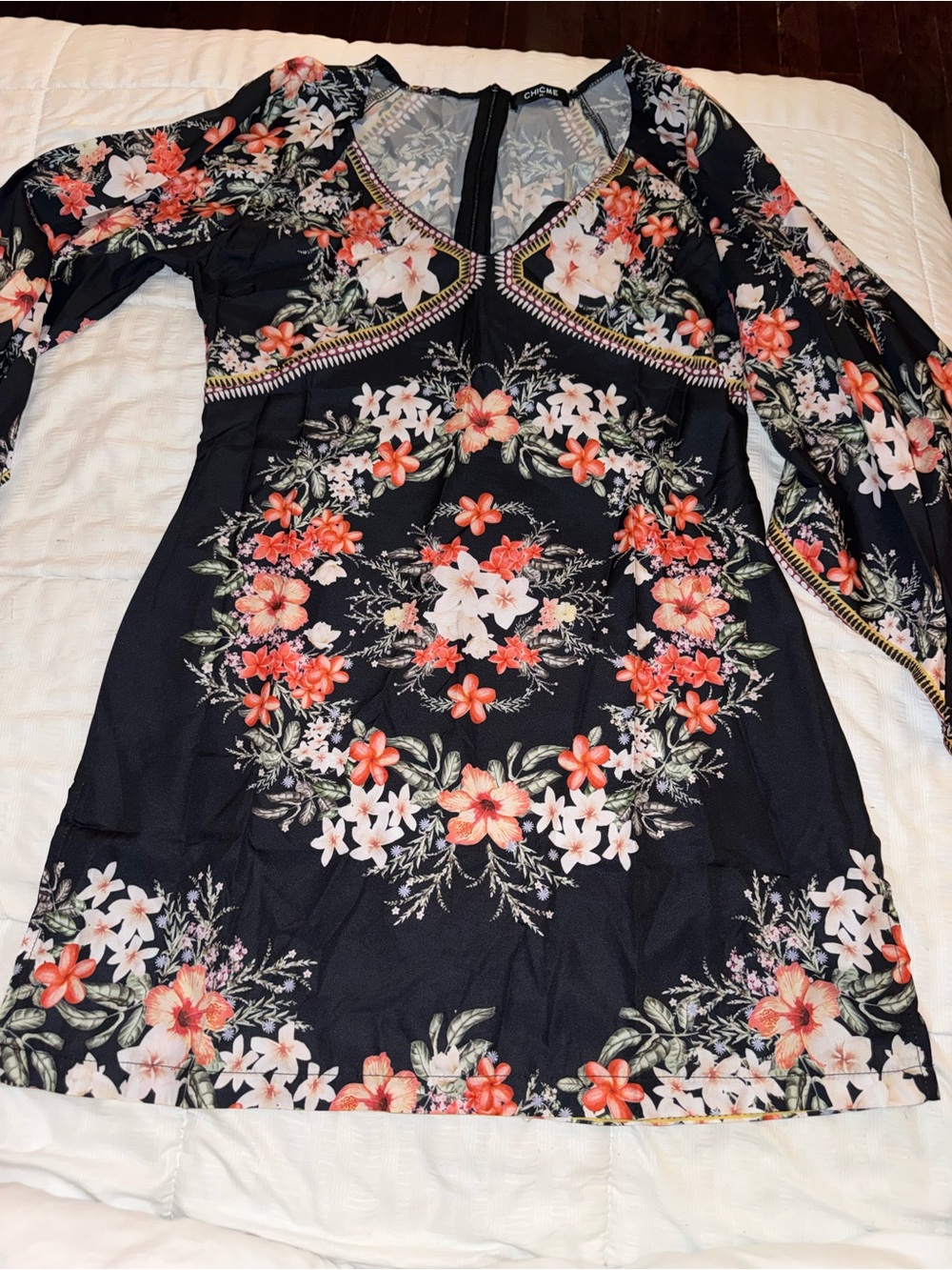 chic Floral Black Tunic with Coral & Cream Blooms
